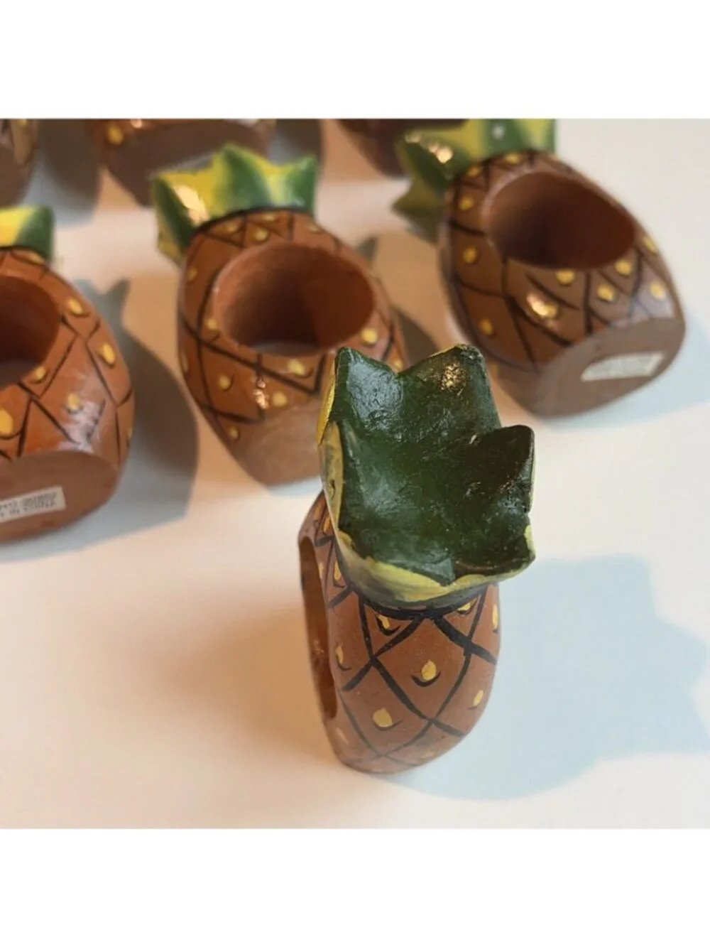 8 Vintage Wooden Painted Pineapple Napkin Rings Table Decor Tiki New England